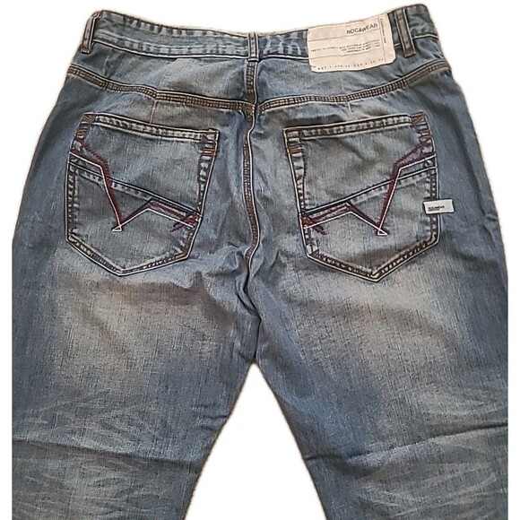 VTG Rocawear Jeans Mens 36x31.5 Blue Baggy Distressed Skater Faded Pipe Hip Hop - Picture 2 of 16